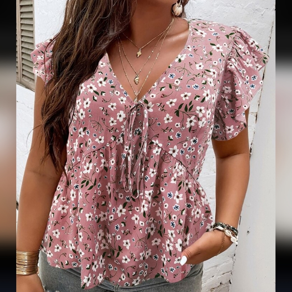 Shein curve floral print butterfly sleeve knot front 2xl blouse